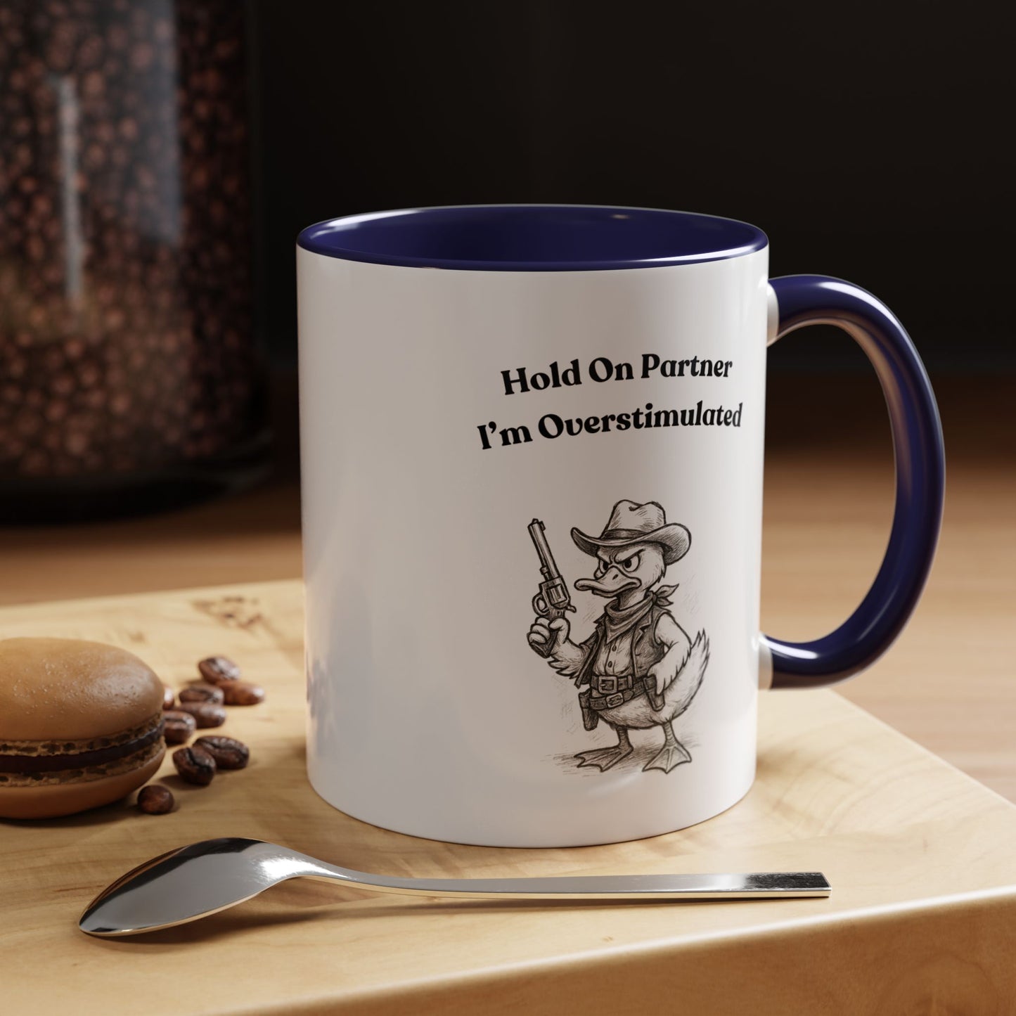 Overstimulated Cowboy Duck Coffee Mug, Funny Mug for Animal Lovers, Office Gifts, Overstimulated Humor, Coworker Gift