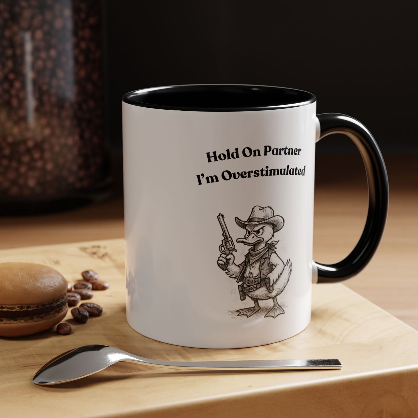 Overstimulated Cowboy Duck Coffee Mug, Funny Mug for Animal Lovers, Office Gifts, Overstimulated Humor, Coworker Gift