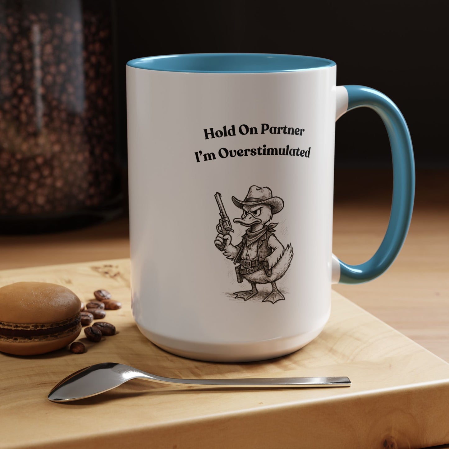 Overstimulated Cowboy Duck Coffee Mug, Funny Mug for Animal Lovers, Office Gifts, Overstimulated Humor, Coworker Gift