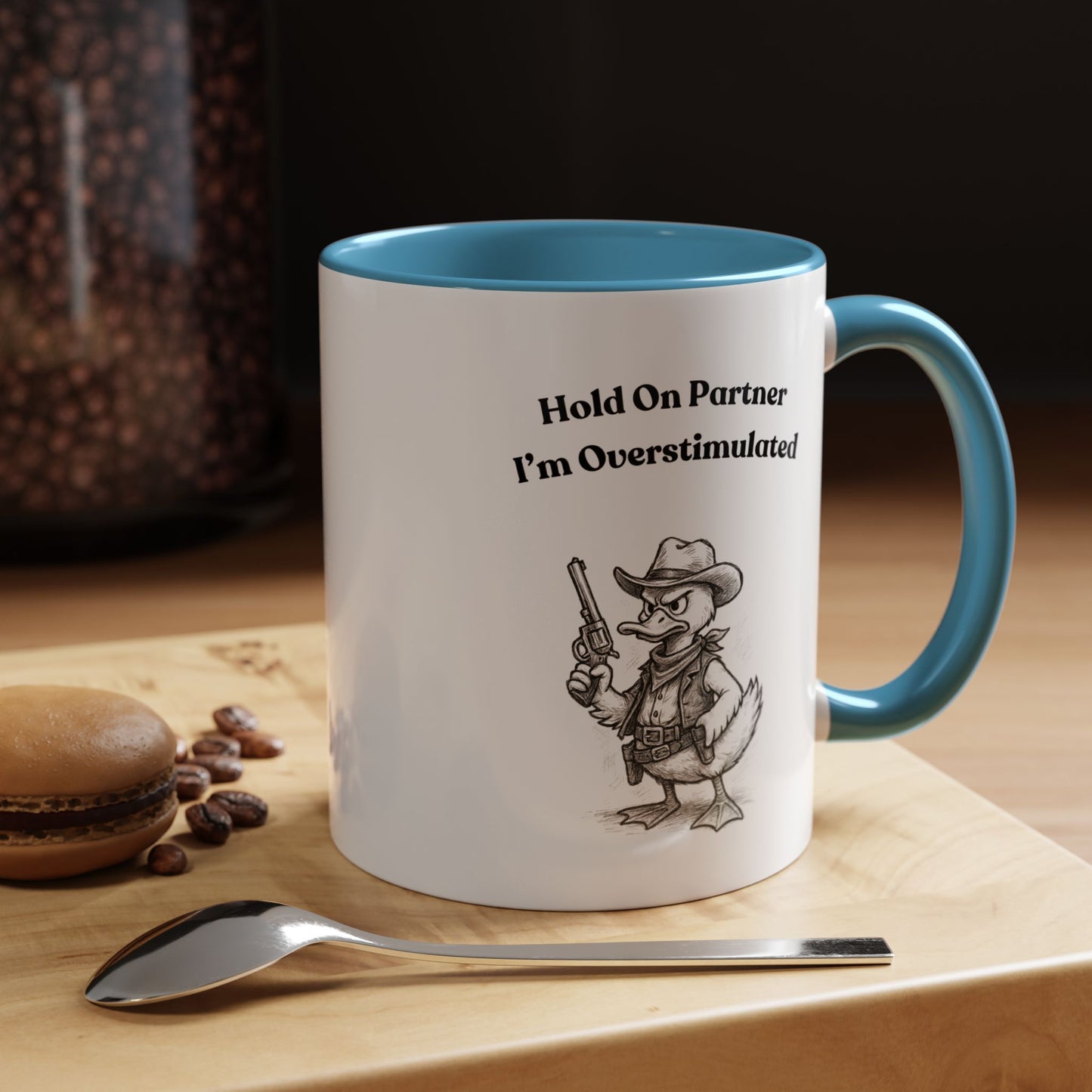Overstimulated Cowboy Duck Coffee Mug, Funny Mug for Animal Lovers, Office Gifts, Overstimulated Humor, Coworker Gift